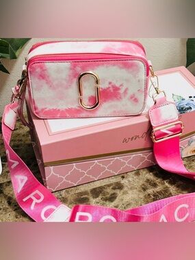 Pink Tie-Dye Crossbody Camera Bag with Gold Hardware